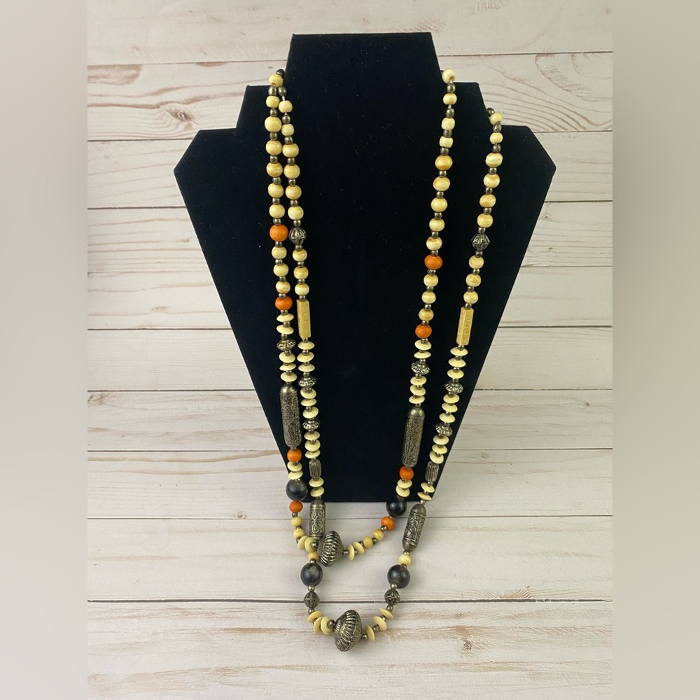 Vintage Chunky Metal Beaded Boho Double Strand Necklace Tadpole Floral Beads